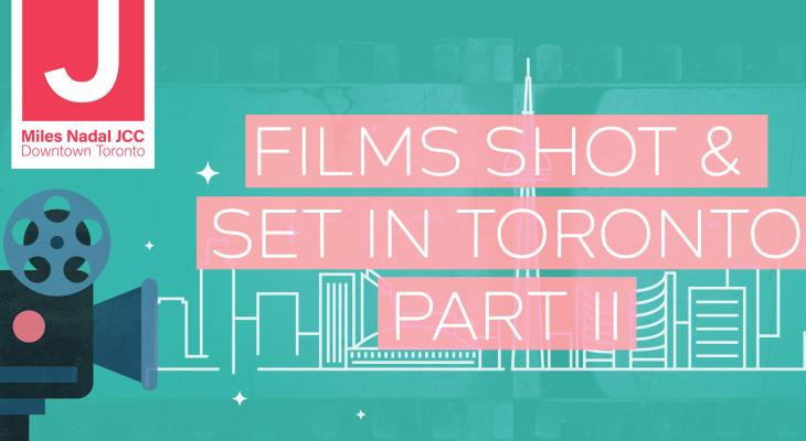 Green background with skyline of Toronto etched in white. A film camera sits on the left side of the image, with text Films Shot and Set in Toronto Part 2. 