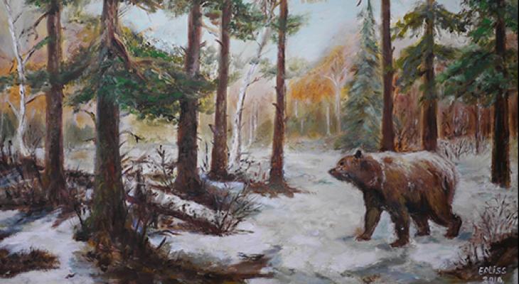 Painting of a bear in the woods during the winter