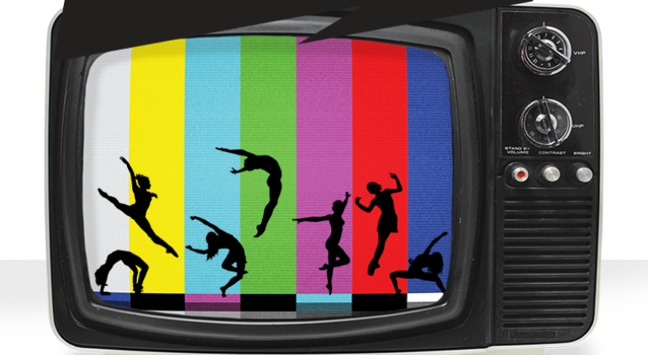 An old fashioned TV with the screen split into coloured bars, each bar showing silouettes of dancers in mid-jump. Above the TV are the words "Tune In".