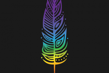 a black background with a rainbow feather drawn with the colours of the rainbow fading into each other