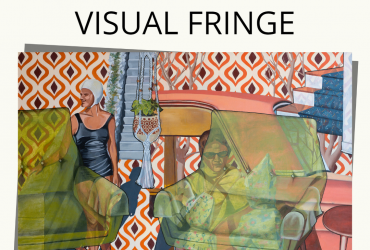 a artsy photo of humans and objects with the words "visual fringe" written over top