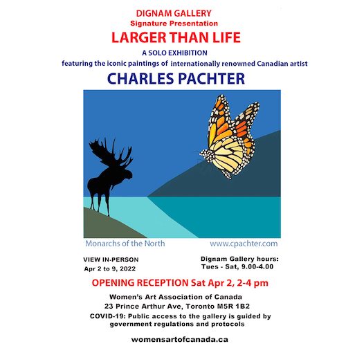 Artwork from Charles Pachter, a shade of moose and colourful butterfly on graphic background 