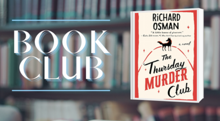 the cover of the book alongside the words "BOOK CLUB" with a photo of an open book as the background of the image