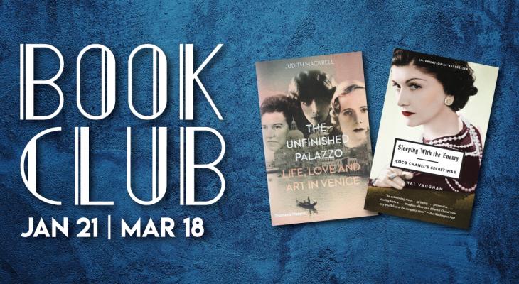 Blue background with two book covers and text Book Club Jan 21, Mar 18