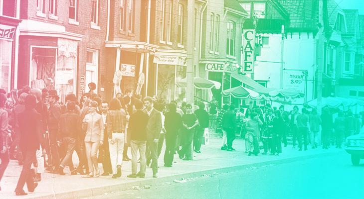 Image of a crowded sidewalk in Yorkville, Toronto in the 1960s, with pink, yellow, and green colour overlaid