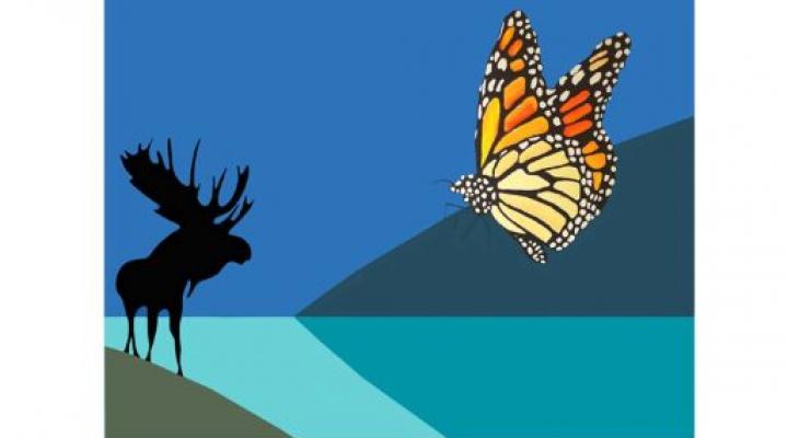 Artwork from Charles Pachter, a shade of moose and colourful butterfly on graphic background