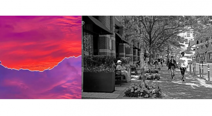 Capturing the Moment: two photography works - pink landscape, abstracted / street view in black and white