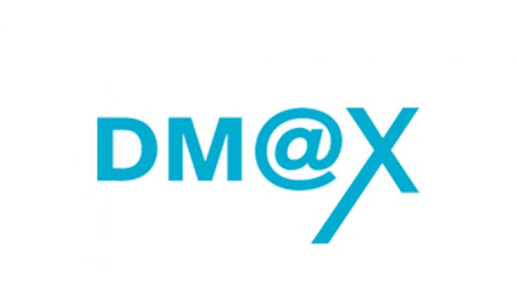 White background with "DM@X" text in blue