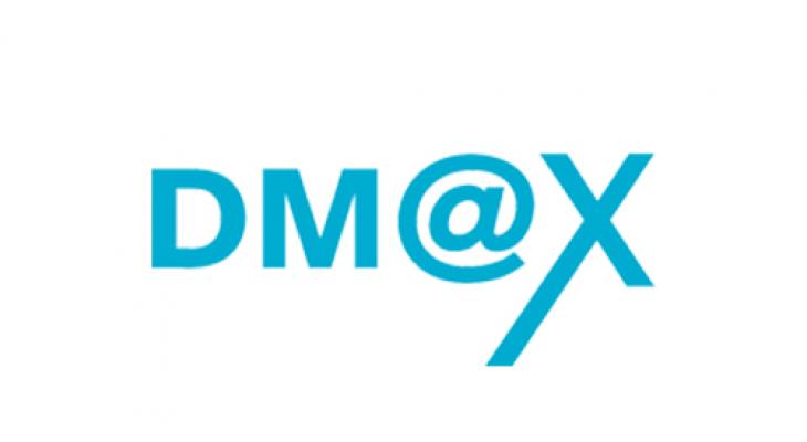 White background with "DM@X" text in blue