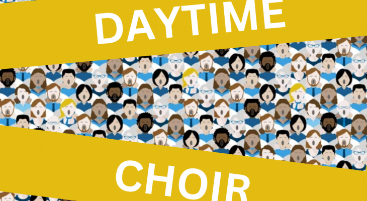 a graphic of many cartoon faces with open mouths singing with a yellow bar over top that says "daytime choir"