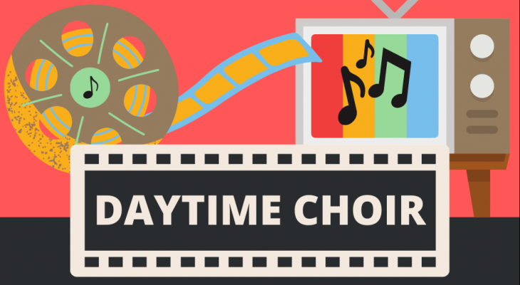 a film reel and a television on a red background, with text: daytime choir