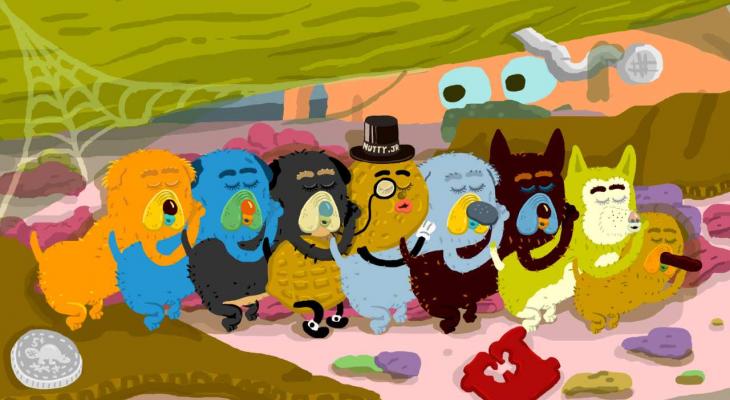 a group of animated dogs and Mr. Peanut