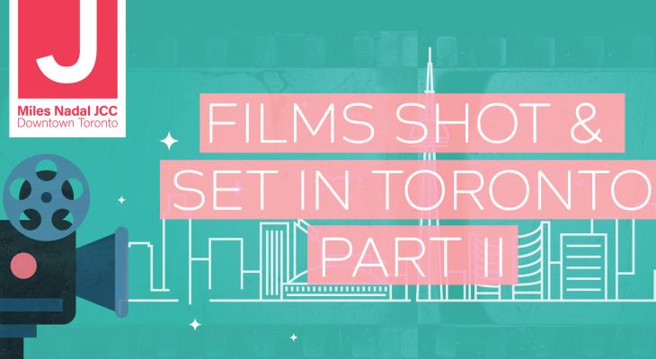 Green background with skyline of Toronto etched in white. A film camera sits on the left side of the image, with text Films Shot and Set in Toronto Part 2.