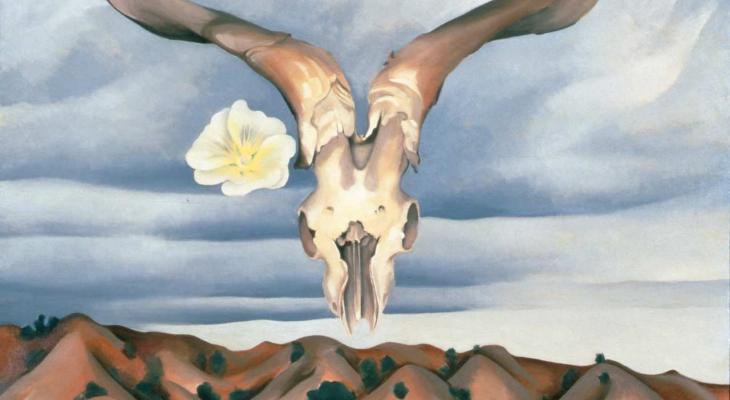 a painting of an animal skull with antlers and a flower