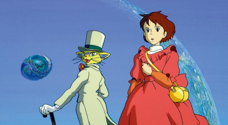 A cartoon of a girl in a red dress and a cat in top hat and tails against the backdrop of a huge moon.