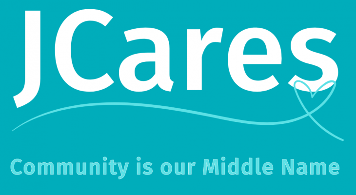 a teal background in the MNjcc branded colour, along with the words "JCares, community is our middle name" written in the middle