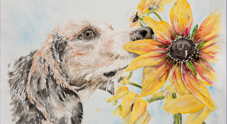 Watercolour painting of a puppy and flower