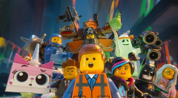 A large group of LEGO characters taken by surprise.