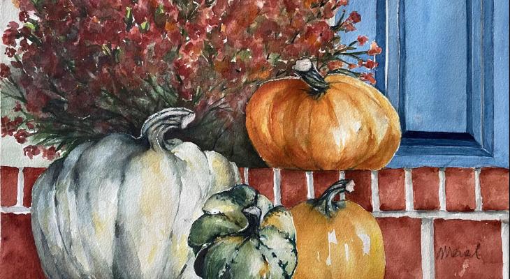 Meral Altinbilek Artwork - Still life/watercolour on paper/pumpkins and the walls on the background