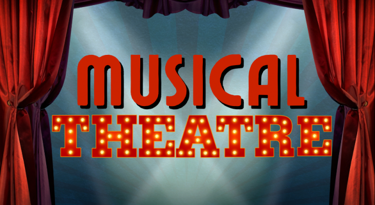 A stage with red curtains and text: Musical Theatre