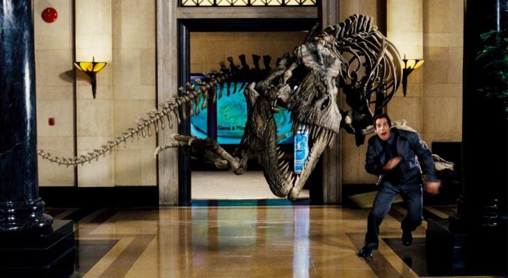 Night guard runs away from dinosaur