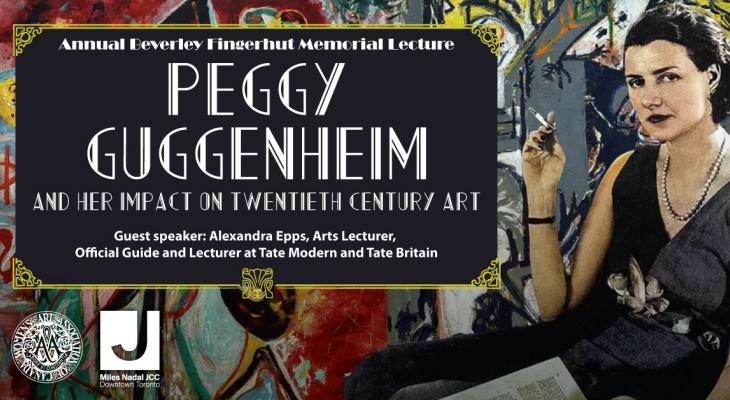Archival footage of Peggy Guggenheim, a women wearing a blue dress and a necklace, with a cigarette in one hand. With text: Annual Beverly Fingerhut Memorial Lecture: Peggy Guggenheim and her impact on twentieth century art