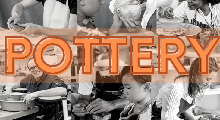 collage of people doing pottery with POTTERY written in bold letters