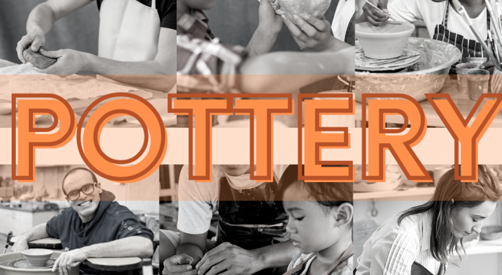 a collage of various people of all ages working with pottery with the word "POTTERY" glowing overtop in orange block letters