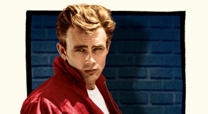 Iconic image of James Dean in a white T-shirt and red windbreaker.