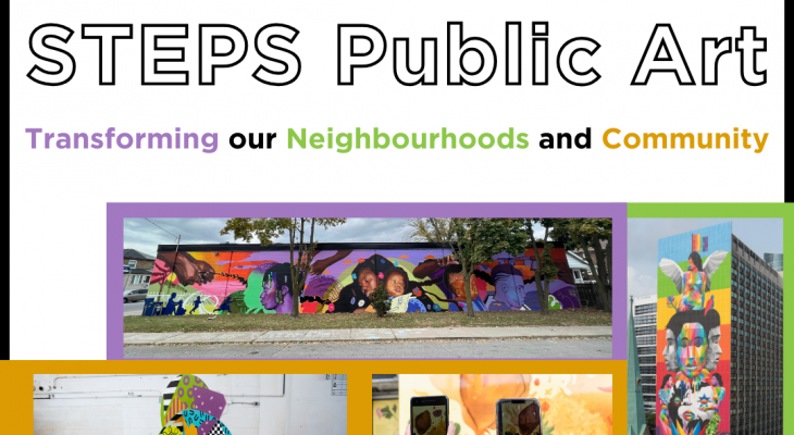 a collage of photos of public art in the city with the words "STEPS Public Art – Transforming our Neighbourhoods and Community" written overtop