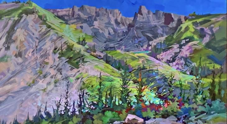 Oil landscape painting - mountain and lake with trees
