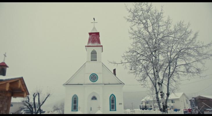 A small rural church in wintertime.
