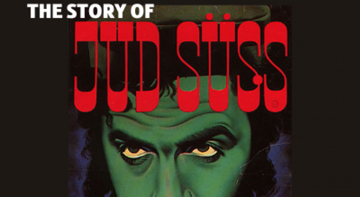 Black background with a man with green skin and yellow eyes. With text: the Story of Jud Suss