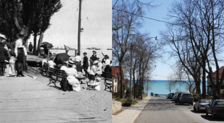 Two photos contrasting each other. On the left is a black and white picture with people sitting on benches wearing big hats and the water in the distance. A label on the top left corner says: Then. On the right is a paved road with the water in the distance and a label saying: Now.