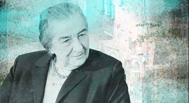 Golda Meir, against a backdrop of an Israel street 