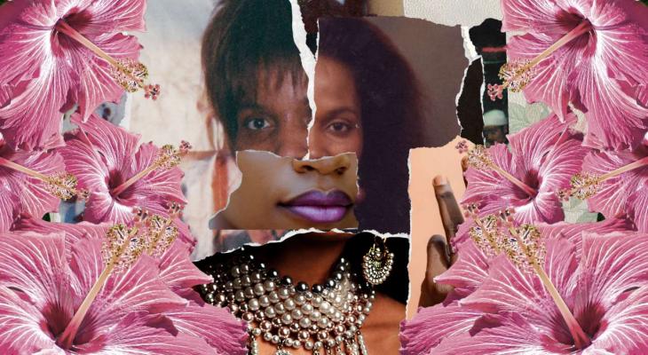 A collage portrait of a woman and some flowers.