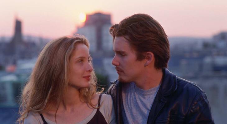 Julie Delpy and Ethan Hawke against a Vienna sunset.