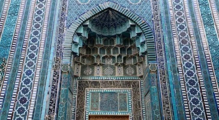 Intricate blue tiled entry way to Sheikh Zinda Mausoleum, Samarkand, Uzbekistan.