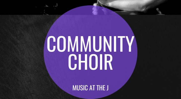 a collage of two photos of our choir conductors with the words "community choir: music at the j" written in a purple circle underneath