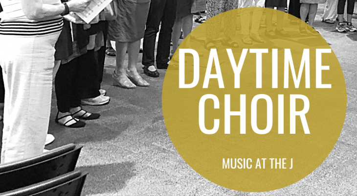 a photo of people holding music sheets and singing with the words "daytime choir music at the j" written overtop in a yellow circle