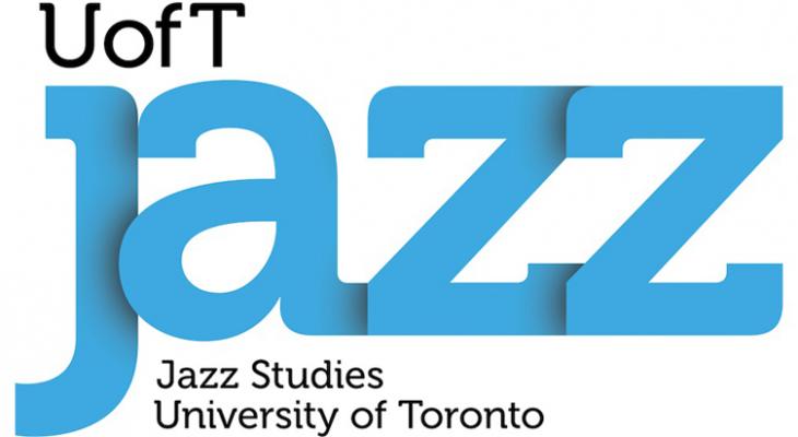 A white background with black letters in the upper left corner that read "U of T," in the middle, large blue letters that spell "JAZZ," and beneath the large blue letters, it reads "Jazz studies University of Toronto" in black.