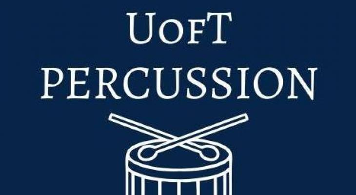 A deep blue background with white letters that read "U of T Percussion," beneath the letters, there is an image of a drum.