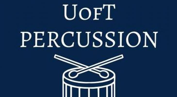 A deep blue background with white letters that read "U of T Percussion," beneath the letters, there is an image of a drum.