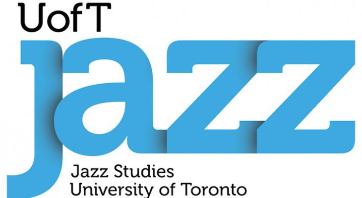 A white background with black letters in the upper left corner that read "U of T," in the middle, large blue letters that spell "JAZZ," and beneath the large blue letters, it reads "Jazz studies University of Toronto" in black.