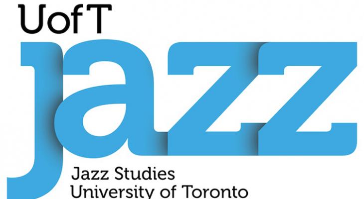 A white background with black letters in the upper left corner that read "U of T," in the middle, large blue letters that spell "JAZZ," and beneath the large blue letters, it reads "Jazz studies University of Toronto" in black.