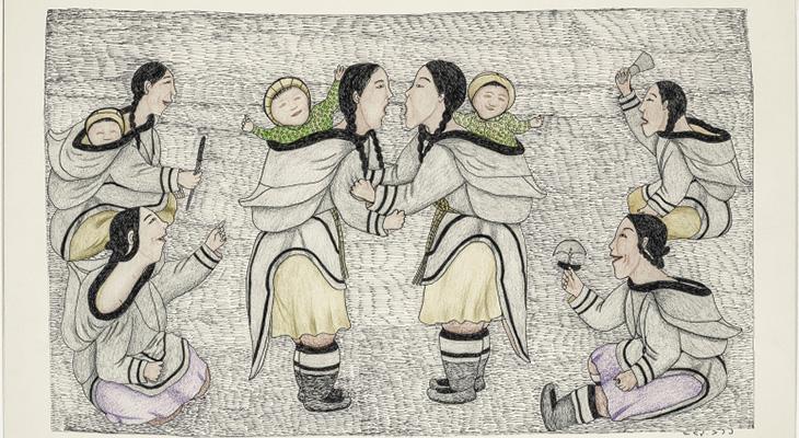 Napachie Pootoogook (1938-2002), Untitled (Kattajjaq Performers and Women Sitting), 2000, felt-tip pen, coloured pencil on paper mounted on cardboard, 38.8 x 60.4 cm. Collection of Jean-Jacques Nattiez. © Reproduced with the permission of Dorset Fine Arts. Photo MMFA, Christine Guest