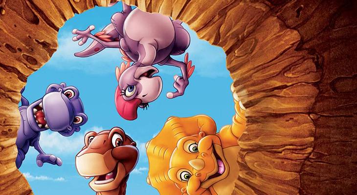 Four cartoon dinosaurs peeking into a hole
