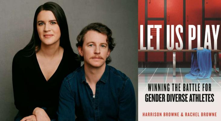 A portrait of Rachel and Harrison Browne and the cover of their book.