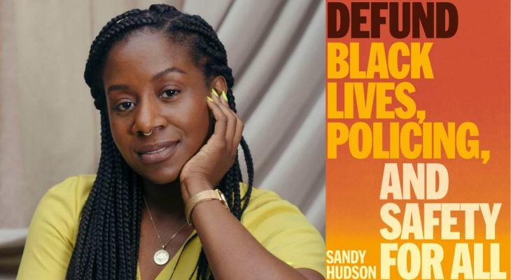 Portrait of author Sandy Hudson and the cover of Defund.