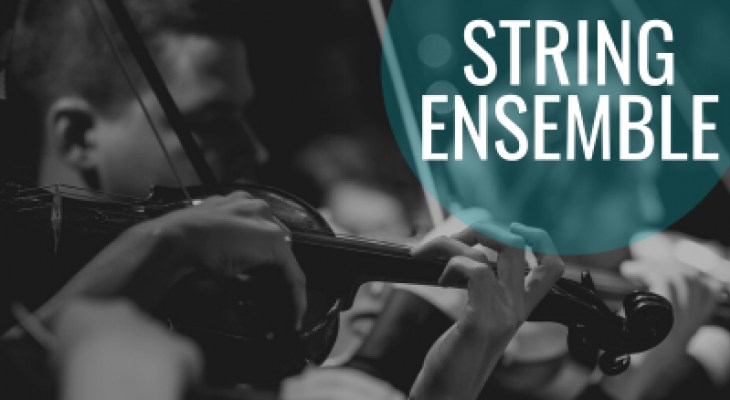 a photo of string instruments being played alongside the words "String Ensemble" written in a bubble beside them